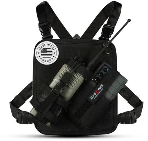Lone Peak US Made Radio Chest Rig Harness w/phone holster -Sling Bag Alternative Search and Rescue Shoulder Vest - Outdoor EDC Tactical bag for men - Radio Chest Pack for running, hunting, Hiking, EMS