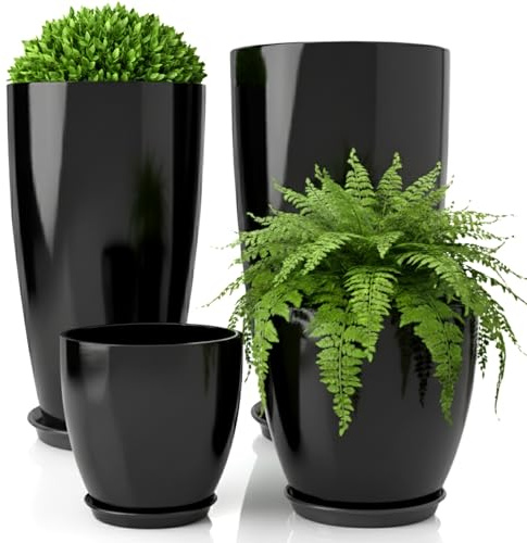 ZMTECH Plant Pots 25/30/35.5/30cm Diameter, 26/30/53/61 cm Tall Flower Pots for Outdoor Indoor Plants with Drainage Hole Saucer, Lightweight Glossy Smooth Pots for Porch Patio (Set of 4, Black)