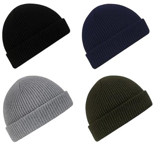HiTjK 4 Pack Fisherman Beanie, Mens Wooly Hat, Stretchy Beanie Hats for Outdoor Activities, Winter Fashion Accessories in Black, Navy, Olive, Light Gray