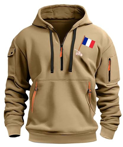 Sweat à capuche à demi-fermeture éclair pour homme - Motif drapeau de la France - Pull à capuche à manches longues avec fermeture éclair - Pull à capuche pour homme - Pull avec paquets de vêtements de