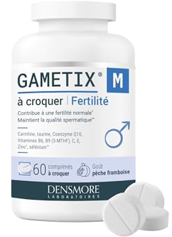 Densmore – GAMETIX M à Croquer – Complément Alimentaire Fertilité Masculine à base de Coenzyme Q10, Zinc, Sélénium, Vitamines C, E, B6 et B9 - Goût Pêche Framboise - 60 Comprimés - Fabriqué en France