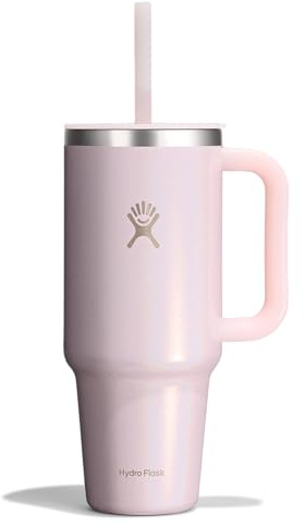 Hydro Flask Travel Tumbler with Handle, Lid and Straw - Insulated Stainless Steel in 40 Oz Glimmer Pink