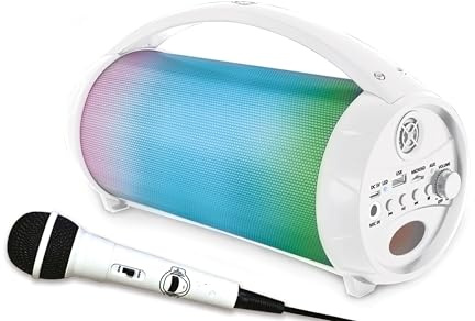 Lexibook, iParty, bärbar Bluetooth-ljushögtalare med mikrofon, stereo, ljuseffekter, karaoke, trådlös, USB, SD-kort, uppladdningsbart batteri, vit, BTP585ZLXB