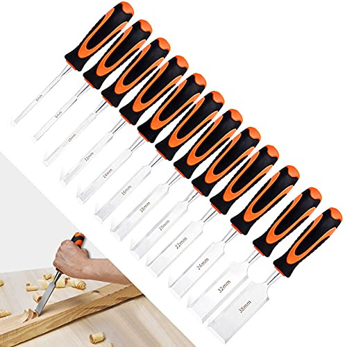 PLMNBQWE 12-teiliges Stechbeitel-Set, Handbeitel-Set, Manganstahl, Holzschnitzwerkzeuge, weiche Griffe mit schlagfestem Hammer, Stahlende, Holzbearbeitung