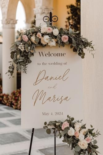 Generico Cartello di Benvenuto per Matrimonio con Decorazioni Floreali, 50x70 cm, Bianco ed Eucalipto