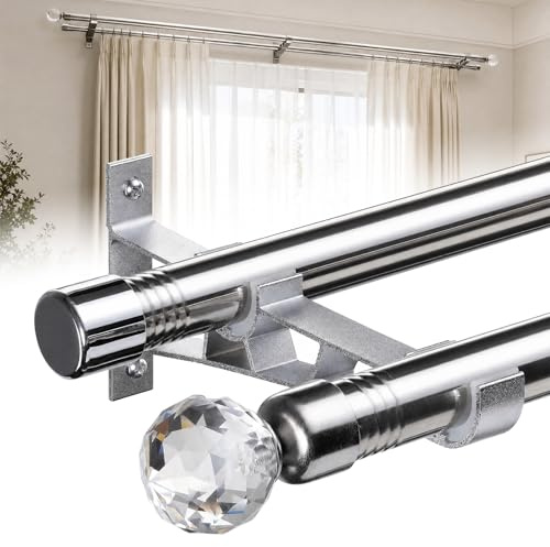 Double Curtain Poles, 2.5 cm Diamond Decorative Double Window Rods 76-338 cm Adjustable Curtain Poles for Sliding Glass Door, Patio, Bedroom, Silver
