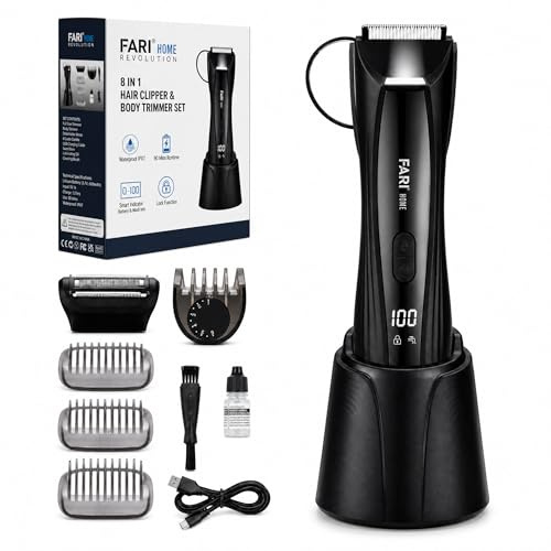 FARI Körper- & Barthaarschneider Herren, 8-in-1 Manscaping Elektrorasierer mit 360° drehbarem Spiegel & LED-Strahler, IPX7 Wasserdichter Nass-/Trockenschneider für Brust & Bart, USB-C Schnellladung