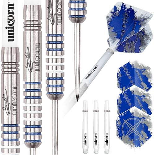 Unicorn Steel Tip Professional Darts Set | Gary 'The Flying Scotsman' Anderson Silver Star | 80% Natural Tungsten Barrels with Blue Accents | 23 G