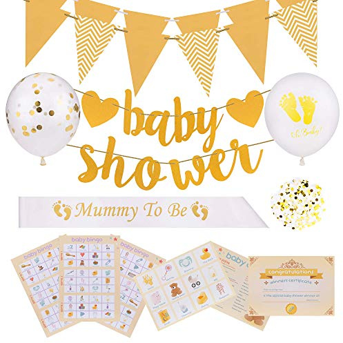 Baby Shower DECORATIONS + 4 Baby Shower GAMES PACK for Boys/Girls. Gold Gender Neutral Unisex. Bingo, Quiz, Trivia, Charades, Mummy to be Sash, Bunting, 12 Balloons & Confetti. Up to 24 Players