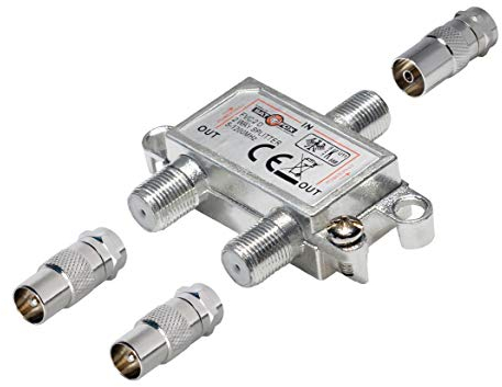 2-Fach TV-Verteiler mit Koax-Adaptern; für Kabel-TV; 1 Eingang - 2 Ausgänge; Profi - Qualität für HDTV ; mit Rückflusssperre und Entkopplung; Metall-Gussgehäuse