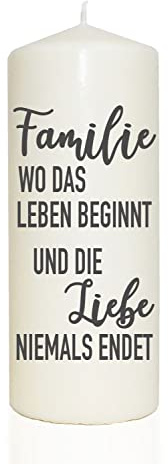 WB wohn trends Spruchkerze, Familie wo das Leben beginnt und die Liebe Niemals endet, grau, 20cm, 765g d8cm, Kerze mit Spruch, Brenndauer ca 70 Std