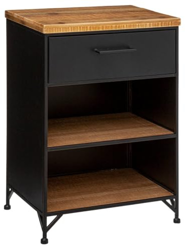 Table d'appoint Table de Chevet 1 Tiroir et 2 étagères en Métal Noir Industriel et Bois H 63.5 cm - Atmosphera