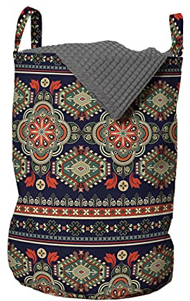 ABAKUHAUS Ethnisch Wäschesack, Floral Geometrische Formen, Wäschekorb mit Griffen Kordelzugverschluss für Waschsalons, 33 cm breit x 49 cm hoch, Indigo Scarlet