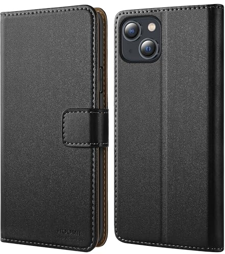 HOOMIL Handyhülle für iPhone 13/iPhone 14 Hülle, PU Leder, Schwarz | mit Kartenfach & Standfunktion, Unterstützt Kabelloses Laden, Klappbar Schutzhülle