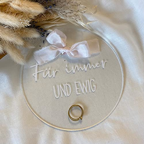 Miss Lovely Assiette de mariage, en acrylique, pour toujours et éternellement, coussin alternatif, plexiglas, transparent et blanc, avec nœud en satin, accessoire de décoration de mariage