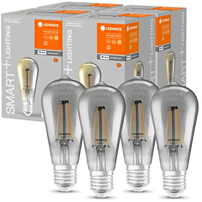 Ledvance Smarte LED-Lampe mit Wifi Technologie, Sockel E27, Dimmbar,Warmweiß,Edisonform, Klares Filament im Rauchglas, Ersatz für herkömmliche 44W-Birnen, steuerbar mit Alexa, Google&App,4058075609846