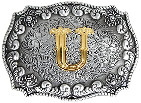 Western-Cowboy-Gürtelschnalle mit 3D-Buchstabe, Buchstabe A~Z (außer H und V) für Damen und Herren, U, Large