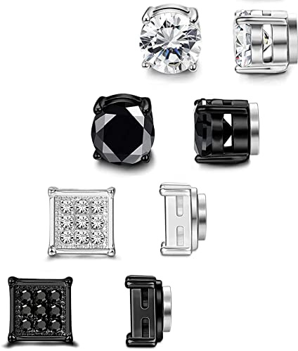 SIISPRI 4 Pairs Stainless Steel Magnetic Stud Earrings for Men Women Non Piercing Clip on CZ Earrings 6MM (4 Pairs a Set,6MMBlack + Silver) (black + silver)