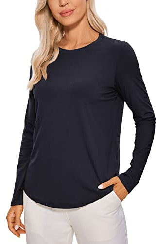 CRZ YOGA Coton Pima Chemises à Manches Longues pour Femme Col Rond Athletic Yoga Décontractés Léger Tee Shirt Navy 40
