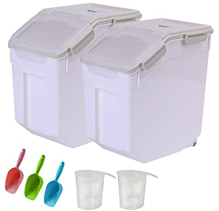 Toolzia 2 Pcs Airtight Cereal Storage Container 10kg with Scoop, Plastic Flour Storage Box Large Rice Dispenser Dry Food Storage Container Grain Sealed Container BPA-Free Storage Bins (Grey)