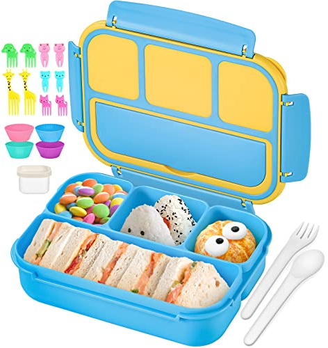 QQKO Bento Lunch Box for Kids Girls Boys, Toddler Kids Lunch Boxes for School, Lunch Containers for Adults with 4 Compartments, Sauce Container, Utensils, Food Picks and Muffin Cups, Blue
