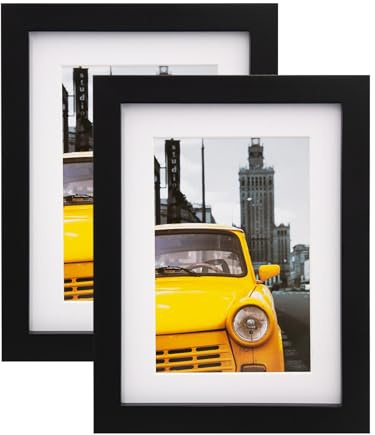EGOFINE 8x6 Photo Frames Black Set of 2 - Made of Solid Wood for Table Top and Wall Mounting with 4x6 Mat