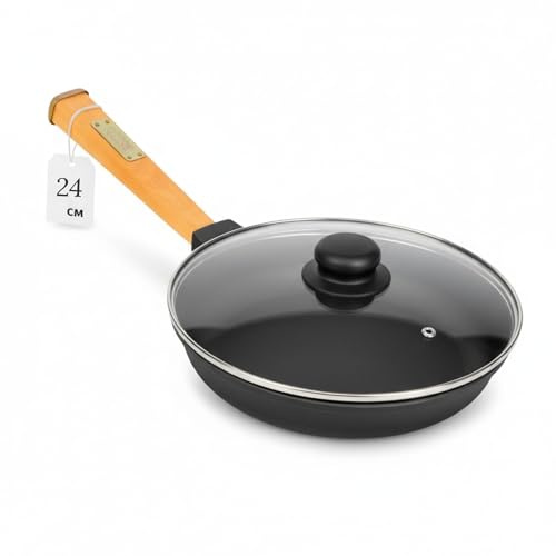4BIG.fun Diameter 24 cm Cast Iron Pan with Glass Lid 47 mm High Wooden Handle Removable Frying Pan Cast Iron Pan Suitable for Gas Grill, Oven, Fire Pit Induction and All Hob Types