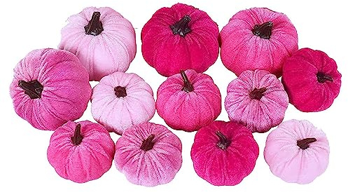 MOFIC 12 Pcs Artificial Pumpkins Assorted Sizes Fake Velvet Harvest Pumpkin Set Pink Light Pink Hot Pink Foam Pumpkin Decorations for Fall Autumn Thanksgiving Halloween (D)