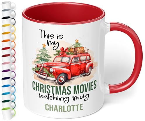 True Statements Weihnachtstasse mit Namen „Christmas movies watching mug“ - 330ml - personalisierter Keramik Kaffeebecher mit Spruch – individuelles kleines Geschenk zu Weihnachten (Rot)