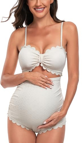 EastElegant Costume da bagno premaman intero con ritaglio sul retro bikini incinta smerlato, Beige, XL