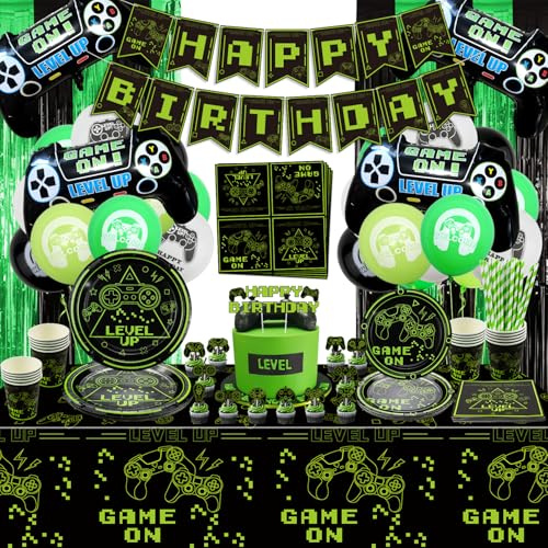 Decorazioni per feste per videogiochi Hegbolke, inclusi giochi su piatti, tovaglioli per salire di livello, tazze, striscioni di compleanno, palloncini, tende con frange per giochi per ragazzi per
