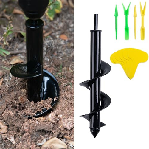 CHANGEMOORE 8x30cm Auger Post Hole Digger with 2 Sets of Seedling Tool and 100Pcs Planting Labels, Heavy Duty Auger Drill Bit Set, Garden Auger Spiral Drill Bit for Planting Bulbs Seedlings