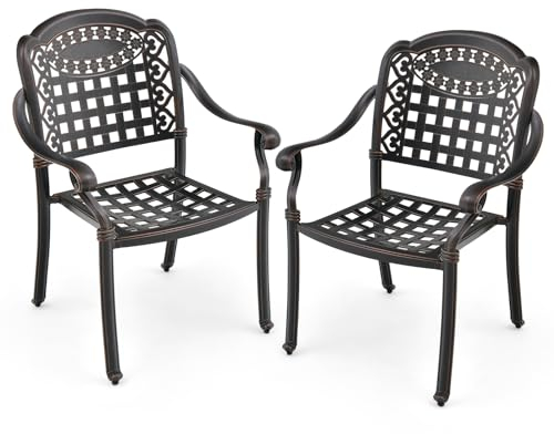 GOPLUS Gartenstuhl 2er Set, Balkonstuhl aus Aluminiumguss bis 165kg belastbar, Bistrostuhl stapelbar mit Rückenlehne & Armlehne, Essstuhl wetterfest mit elegantem Hohlmuster für Balkon Hof (Bronze)