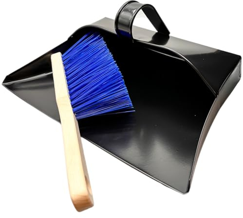 LSC Heavy Duty Metal Dustpan with PVC Hand Brush Industrial Design Large Black Hooded Metal Dustpan Brush Set Cleaning Scoop Suitable for Homes, Burners, Workshops, and Gardens (BLUE)