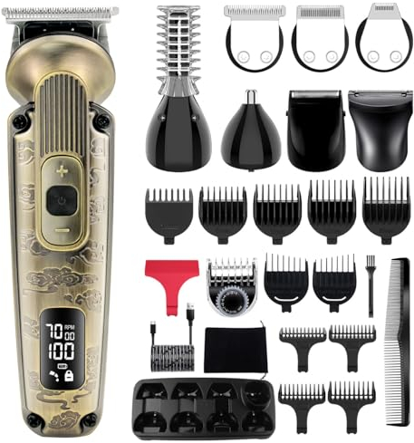 Hatteker Barttrimmer Herren Haarschneidemaschine Set Bartschneider Profi Haarschneider Rasierer Elektrisch Nasenhaartrimmer Körperhaartrimmer Wasserdicht Einstellbare Geschwindigkeit 8 in 1 (Bronze)