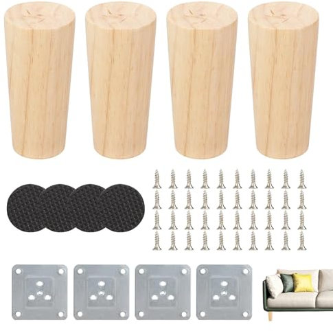 Wooden Furniture Legs, 4 PCS Solid Wood Furniture Legs, Replacement Sofa Legs Mid-Century Modern Wooden with Rubber Protection Pad Screws Mounting Plates for Sofa Couch Armchair Cabinet TV Stand 8 cm