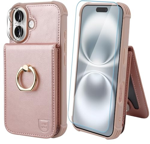 VANAVAGY Wallet Case with Coin Pocket for iPhone 16,Rosegold | PU Leather Flip Cover,12ft Drop Protection,RFID Blocking Card Holder,360° Rotation Ring Kickstand,Includes Screen Protector