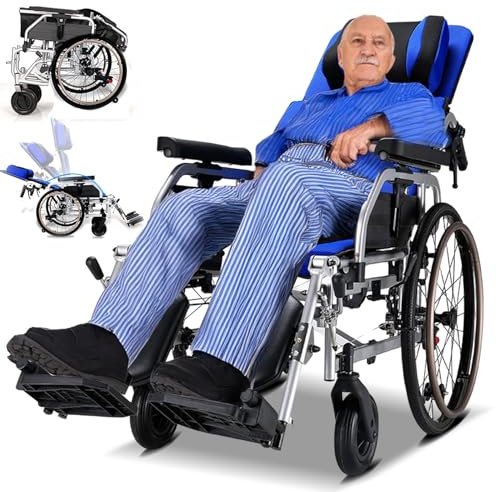 Bueuwe Rollstuhl Faltbar Leicht Aktivrollstuhl, Pflegerollstuhl mit Liegefunktion, Multifunktional Rollstuhl für die Wohnung und Unterwegs, Reiserollstuhl, Leichtgewicht, 46cm Sitzbreite, Einstellbar