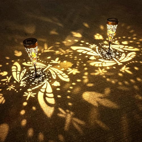 Profinella 2-Pack Dragonfly Outdoor Solar Pathway Lights, Metal Garden Path Decorations, Waterproof Landscape Lighting for Yard, Lawn, Walkway – Gift for Women, Mother, Grandmother