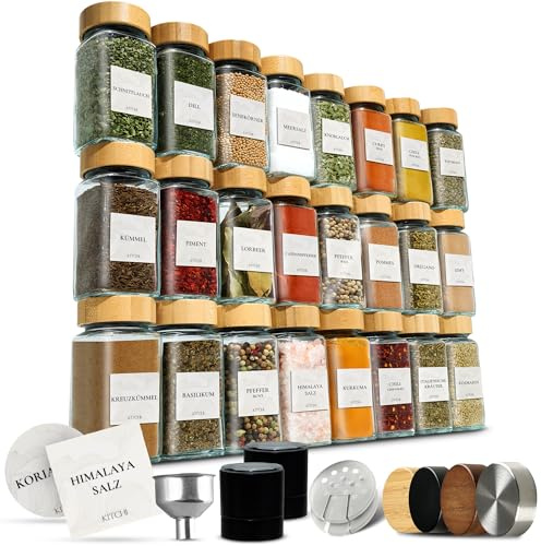 KITCHI Gewürzgläser 24er Set mit 2 Mühlen – Bambusdeckel – Eckige Form – 120 ml - luftdicht