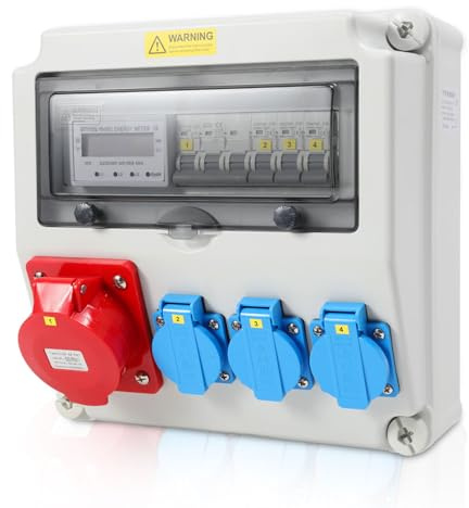 Peviasot Distributore di corrente da parete, 3 prese Schuko 16 A, 230 V, 1 prese CEE 32 A, 5 poli, contatore di corrente a 3 fasi e MCB, prese di sicurezza per interni ed esterni