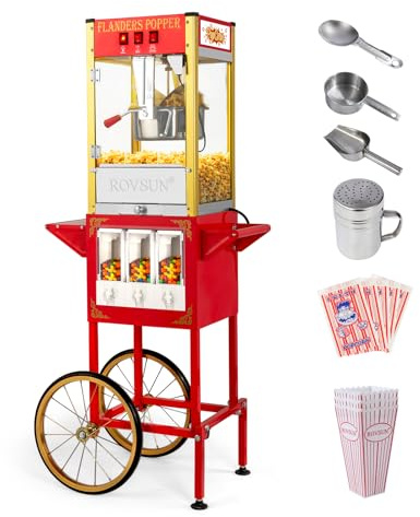 ROVSUN Popcorn Machine Cart with Candy Dispenser, 8 Oz Kettle Makes Up to 32 Cups ETL, Popcorn Maker w/Scoop, Oil Spoon, Bags & Cups, Movie Theater Style Popper for Commercial Home Party, Red