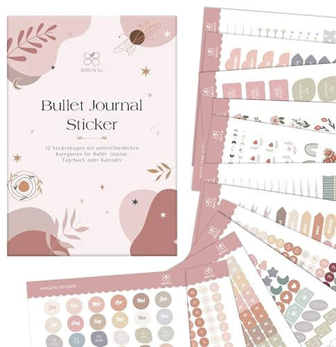 BIROYAL Bullet Journal Sticker Set, 12 Blätter/1000 Aufkleber, Kalender Stickers, Aesthetic Planner Stickers, Sticker Set, Kalender Aufkleber für Bullet Journal, Tagebuch & Planner