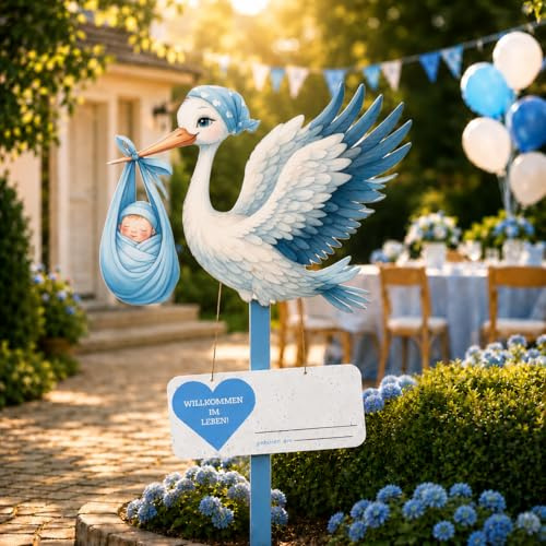 Klapperstorch Set zur Geburt Baby,83 cm hoch Babystorch,Großer niedliche Holz Klapperstorch für Baby,Beidseitig Bedruckt,Geburtsstorch inkl,Holzstab+ Namensschild Grußkarte