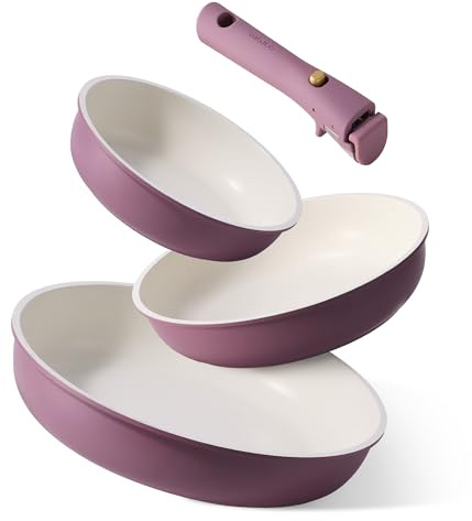 CAROTE Non Stick Frying Pans, 8+10+12” Frying Pan Egg Pan Omelet Pans with Detachable Handle, Stone Non Toxic Cookware, PFOA Free, Induction Compatible & Oven Safe, Dishwasher Safe, Purple