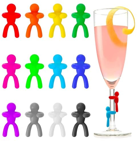 Reusable Silicone Drink Markers - 12pcs Little Man Glass Identifiers for Drinks, Funny Cup Tags | Unique Wine Glass Markers for Parties Glassware, Girls’ Night, bachelorete and Events Drink Labeling
