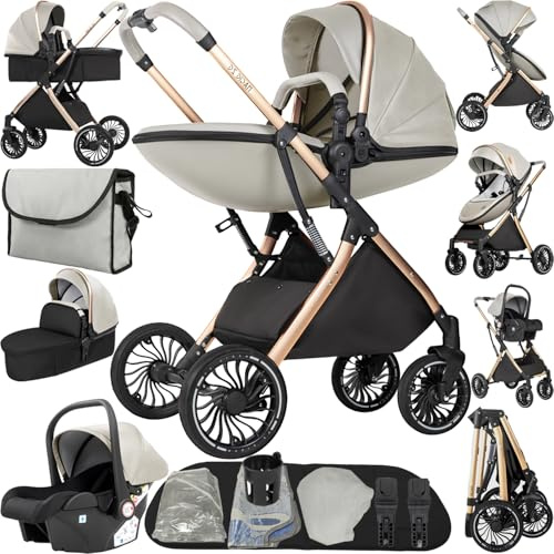 Doraystar 4 in 1 Baby Pram Travel System, Baby Pushchair 4 in 1, Newborn Stroller Reversible Two Pushing Modes, Toddler Buggy with One-Click Folding, Infant Carriage Aluminum Frame (688 Yellowish)