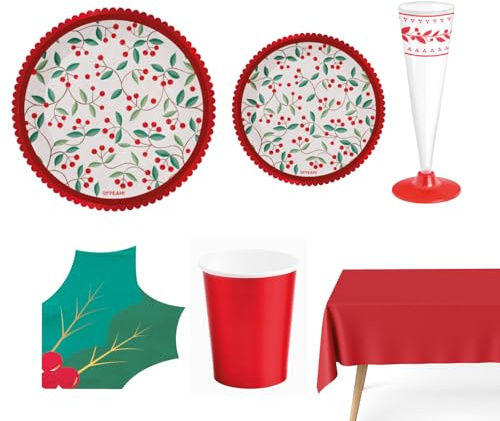 OH YEAH - Kit stoviglie natalizie 12 persone Agrifoglio - 74 pezzi - Piatti, Bicchieri e Tovaglioli usa e getta - A tema natalizio - Cene natalizie, Riunioni di famiglia e feste di fine anno