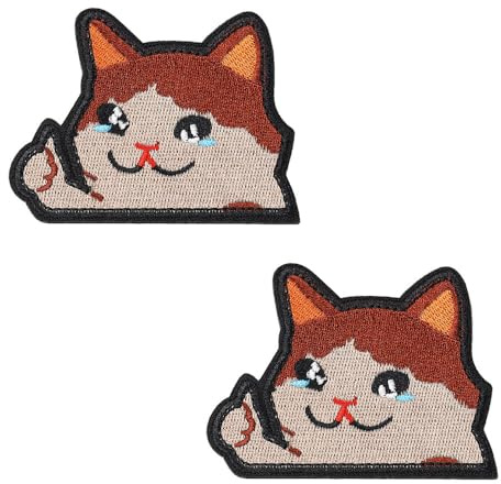 Paquete de 2 parches bordados divertidos y lindos con diseño de gato llorando, divertido y moderno parche de moral táctico para motociclista, parte trasera de gancho y bucle para ropa, mochilas