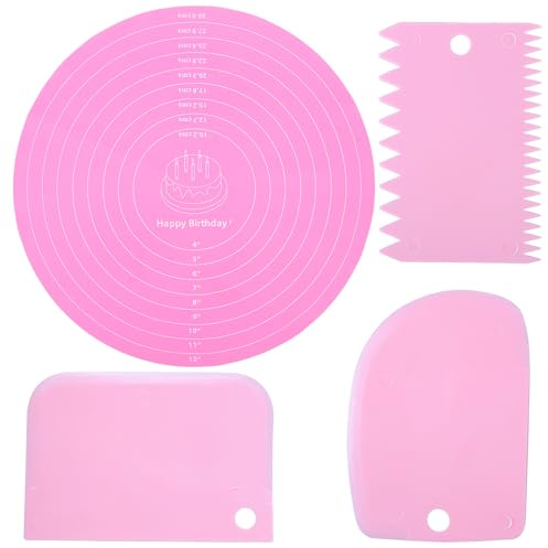 YBEATY 4PCS Silicone Cake Mat Hard Scraper Dough Scraper Silicone Baking Mat with Dough Bowl Scrapers Reusable Cookie Mats Cake Turntable Mats for Pastry Baking Supplies Bake Pizza